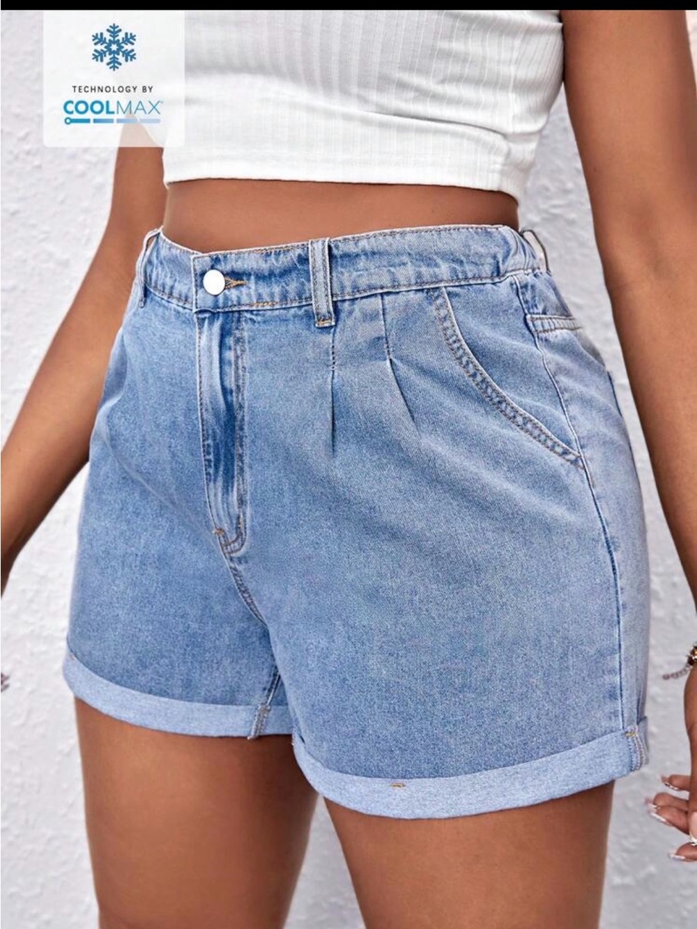 SHEIN Light Blue High-Waist Pleated Denim Shorts